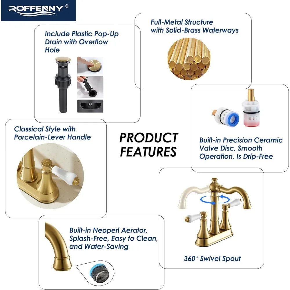 صنبور حمام بمقبضين من البورسلين باللون الذهبي المصقول مقاس 4 بوصات، 3 فتحات نحاس عالي القوس 360 درجة °   صنبور دوار، تصريف بلاستيكي منبثق