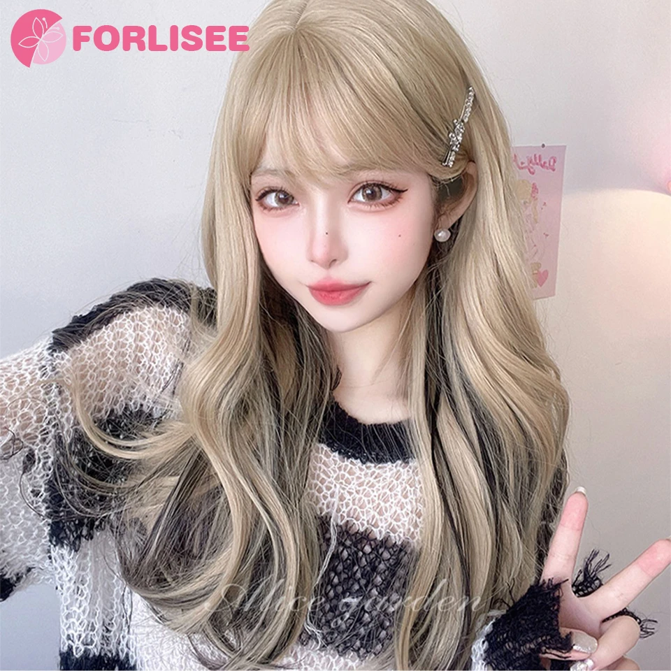 FORLISEE Synthetic Wig Female Long Hair Natural Bangs Hanging Ear Dye Fashion Jk High Temperature Silk Lolita Long Curly Hair