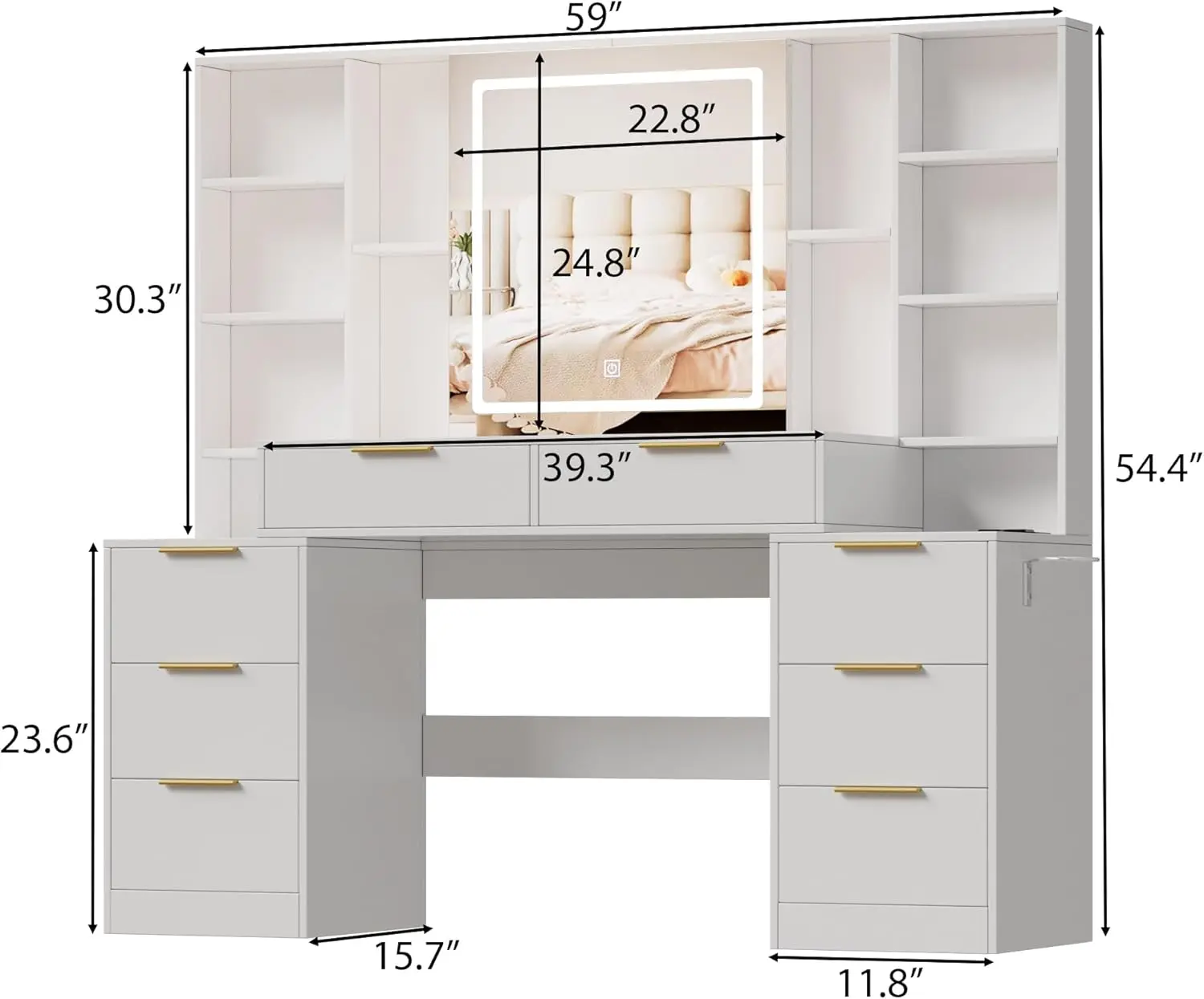 Large Makeup Vanity Desk with Lighted Mirror&Power Outlet,Vanity Desk Dresser Table with 3 Lighting Modes Brightness Adjustable