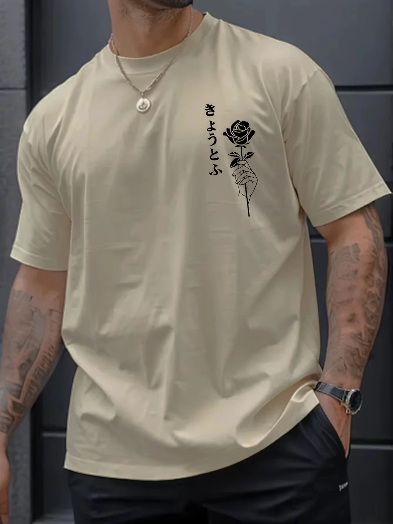 Summer Men's Pure Cotton Rose Graphic Print Casual Loose Sports Comfortable Round Neck Short Harajuku Oversized T Shirt