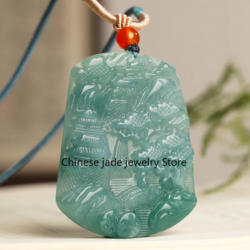 Natural A jadeite landscape jade brand Myanmar jade pendant blue water floating flower jade pendant men's and women's emerald ja