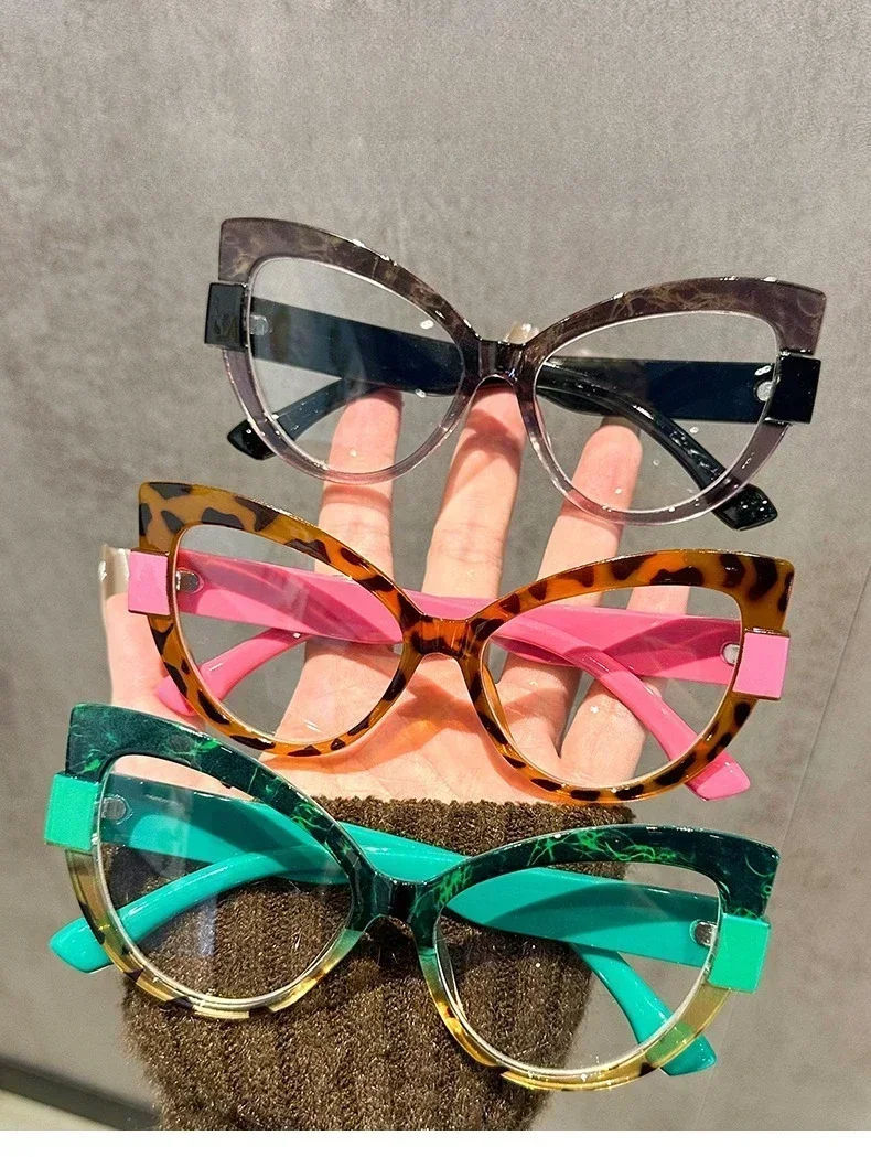 Personalisierte, farbblockierte Katzenaugen-Lesebrille mit großem Rahmen, blaues Licht blockierender Augenschutz, Reise-Strandbrille – Detail 1