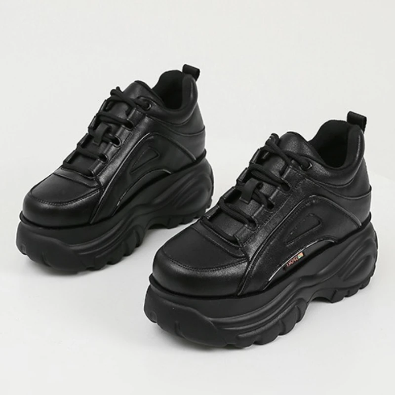 

Cozy Soft Leather Lace Up Sneakers Women Lightweight Anti-slip Casual Shoes 7 Centimeters Height Increase Design Platform Shoes