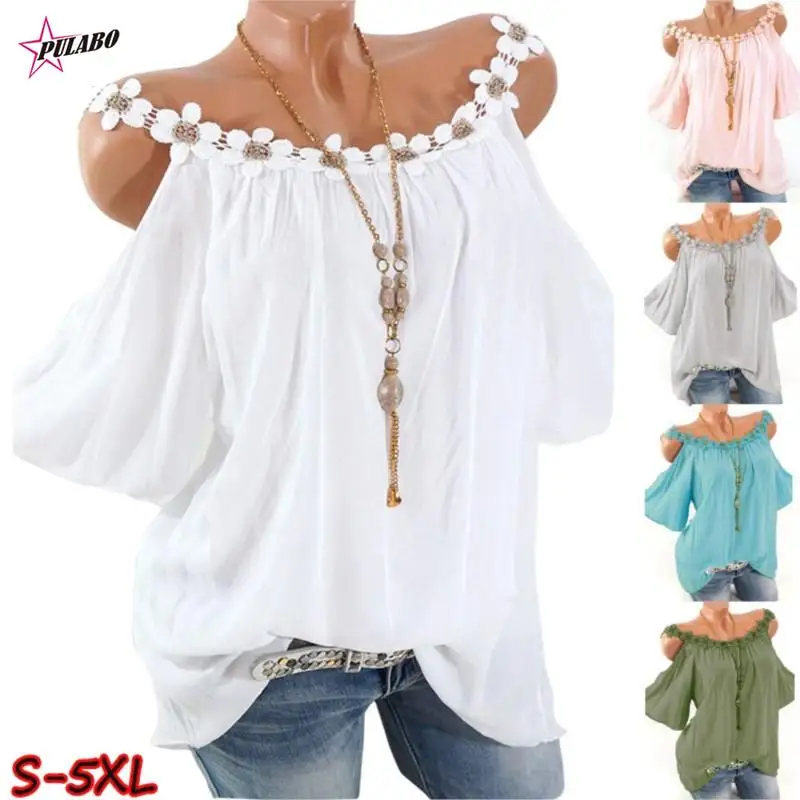 PULABO Women Lace off ShoulderT-shirts Lady Fashion Short Sleeve Clothes Summer Shirt Top O Neck Female Ladies Womens Tee