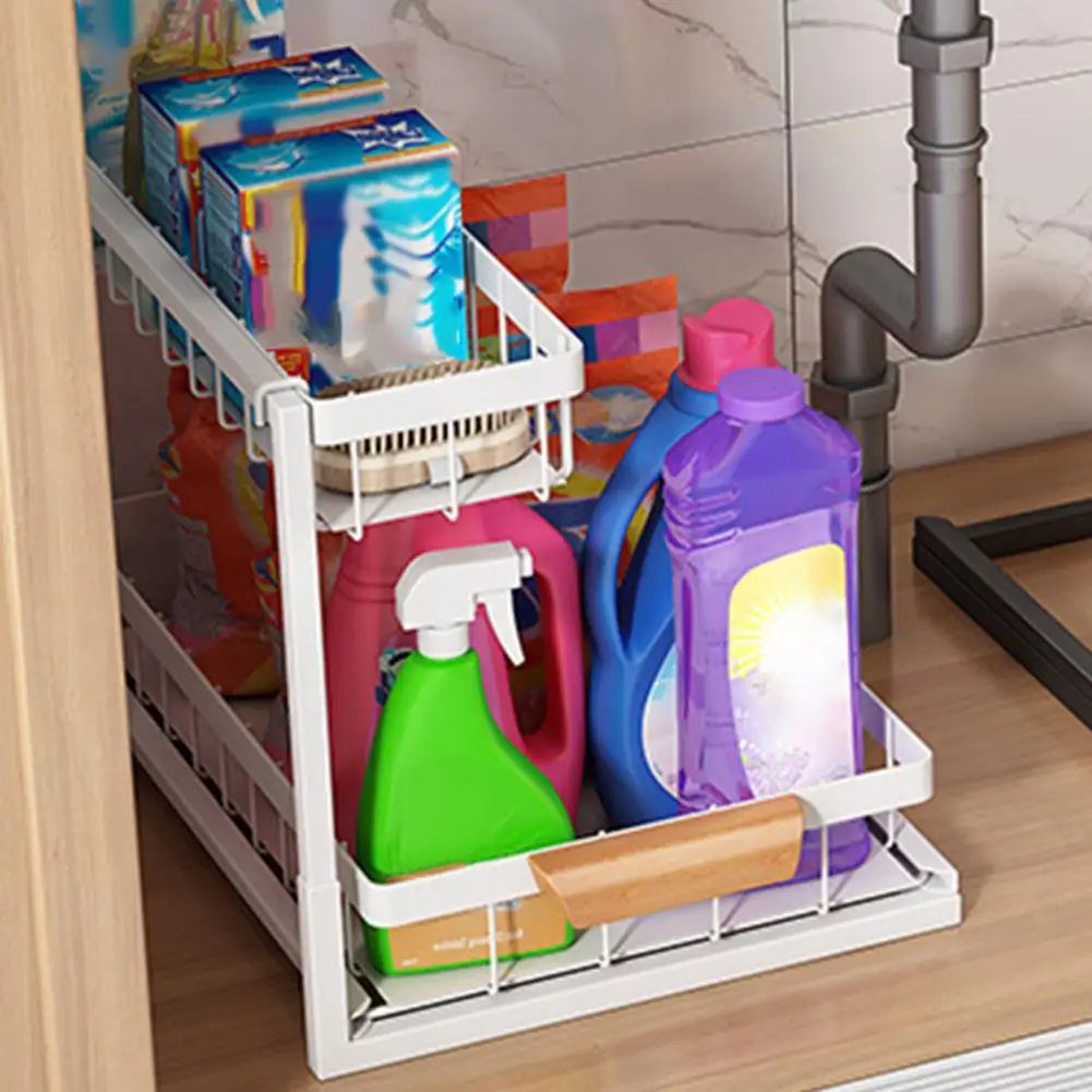 Pull-out Storage Basket Kitchen Shelf Organizer Efficient 2-tier Sliding under Sink Organizer Durable Metal for Kitchen