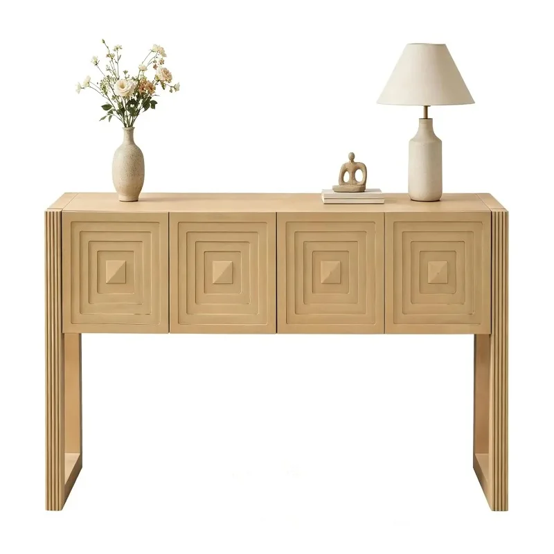 

55" Carved Console Table 3 Soft-Close Drawers Fluted Leg Solid Wood Entryway Living Room Hallway Light Brown, Customized