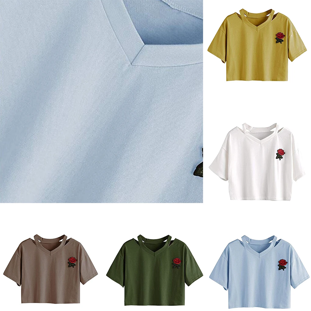Damska seksowna bluzka z krótkim rękawem, dekoltem w serek i haftowanymi różami, top dla dziewczyn
