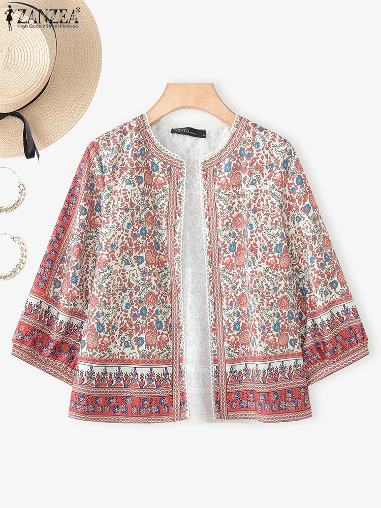 ZANZEA بلوزات على الموضة بالأزرار غير رسمية النساء نصف كم إيندي الشعبية قمصان مطبوعة الخريف كيمونو 2025 خمر فضفاض المفتوحة غرزة