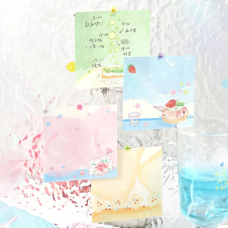 100 Sticky Notes, Fresh Watercolor Wind Handbook Material Paper Kawaii Stationery Sticky Notes Note Pad Sticky Tabs Notepad