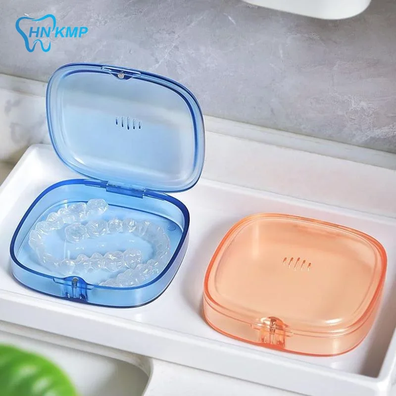 

Portable Plastic Blue/Orange Denture Tray Box Dental Retainer Box Case Teeth Container Denture Box False Teeth Protective Case