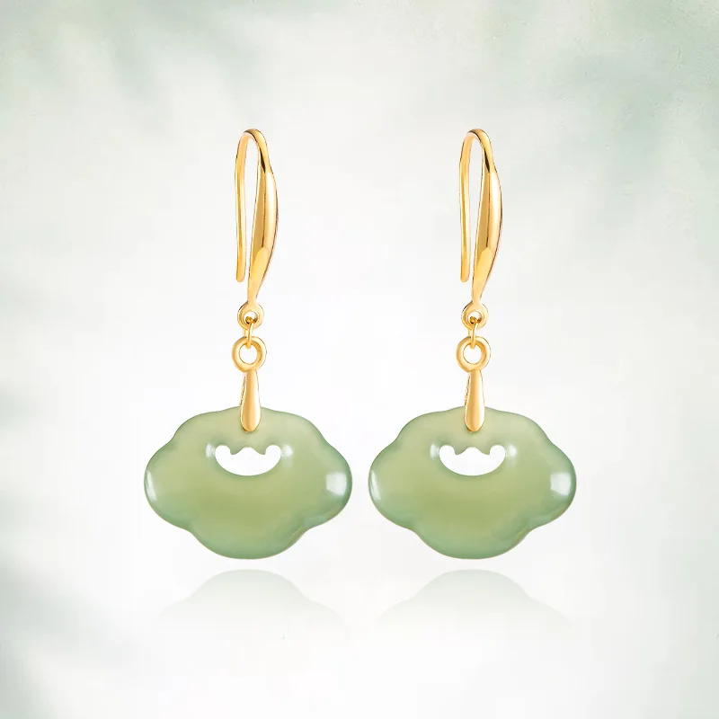 

Authentic S925 Silver Inlaid Natural Hotan Jade Jasper Ruyi Earrings High Quality Female Jewelry New style For Women's Gifts