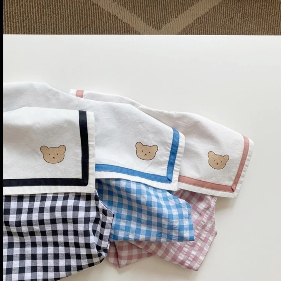 Summer Newborn  Baby Boy Girls Cell Sleeveless Cartoon Bear Navy Collar Waistcoat + Shorts Fallow Set Kids Fashion Baby Clothing