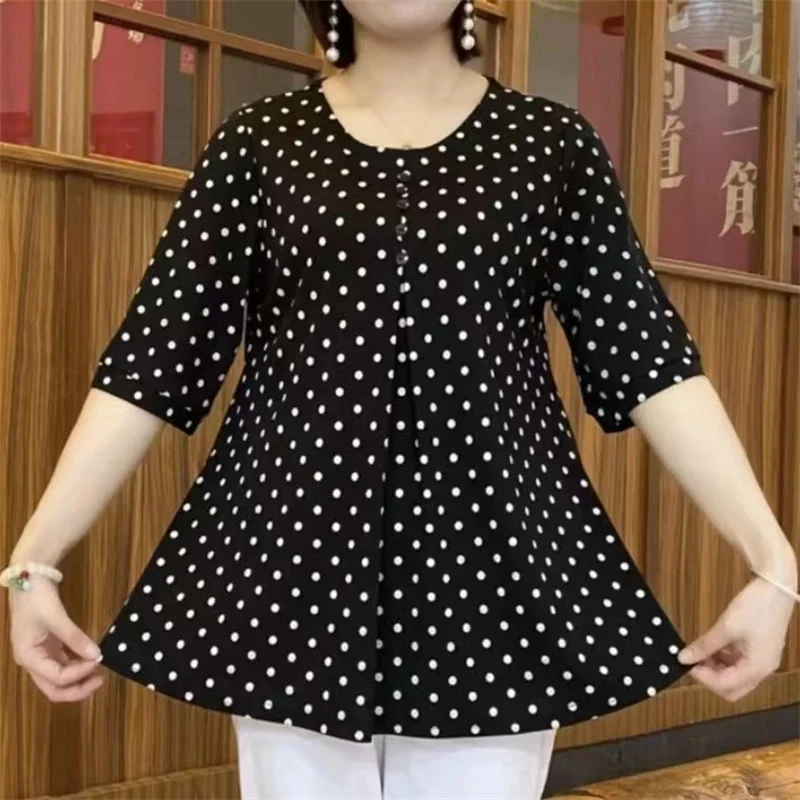 7XL Women Loose Spring Autumn Shirts Lady Fashion Casual Polka dot printing Half sleeve O-Neck Collar Button Blusas Tops