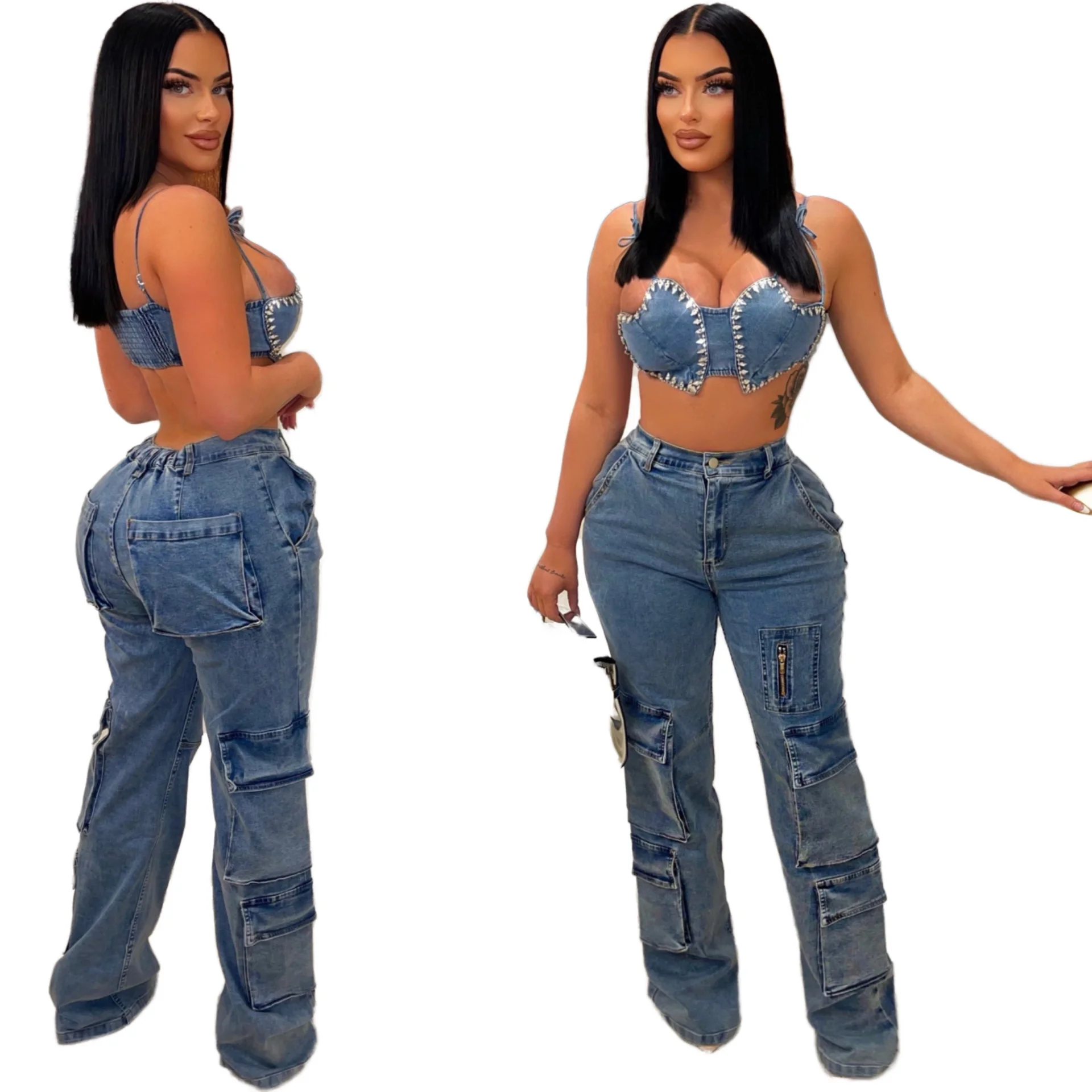 

Wholesale High Quality Heavyweight Washed Wide Leg Jeans Material Pockets Cargo Pants Woman Denim Femme Denim