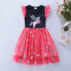 Spring/Summer New Girl Cotton Unicorn Star Print Flying Horse Mesh Spliced Sleeveless Dress SH1702