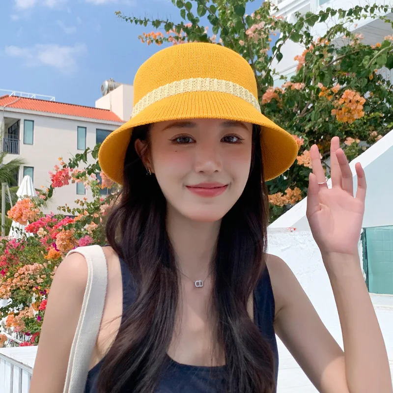 Korean Style Spring Autumn New Women's High-Grade Knitted Mesh Bucket Hat Summer Sun-Proof and Breathable Show Face Smal