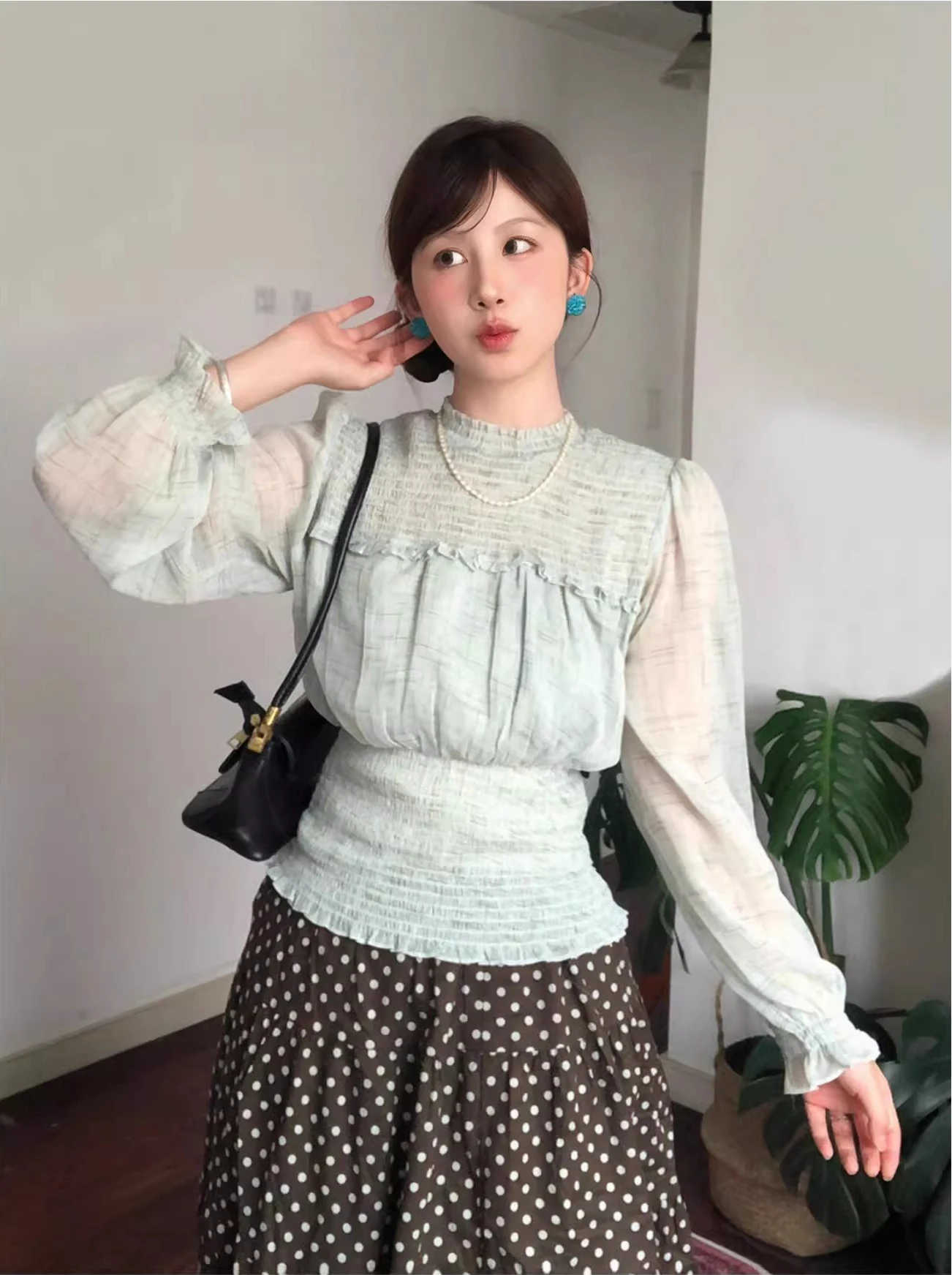 

Удобный для поездок на работу зеленый шифоновый топ с длинными рукавами, облегающий, с круглым вырезом, с защитой от солнца, модная универсальная осенняя одежда для женщин