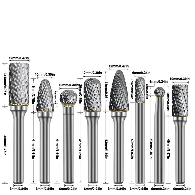 8Pcs Tungsten Carbide Burrs Double Rotary Burr Set Head 1/4