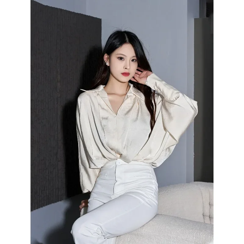 Camicia lunga albicocca stile alla moda e alla moda con maniche a lanterna in vita in raso da donna di alta qualità primavera autunno all'aperto