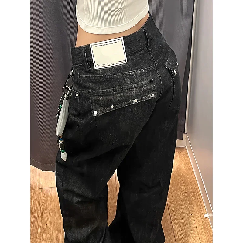 

Осень 202, черные джинсы, женские винтажные джинсы Y2K с высокой талией, прямая уличная одежда, свободные большие широкие джинсовые брюки