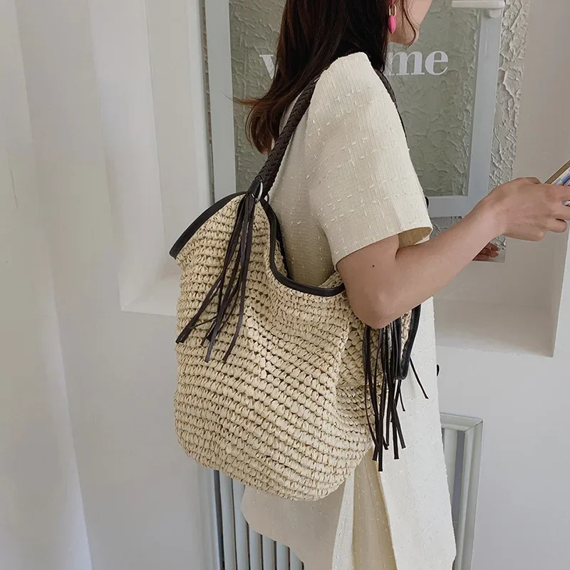 

Straw Woven Handbags for Women Handmade Travel Seaside Beach Bag Summer New Handle Bucket Bag Shopping Tote Bag Basket Bolsa