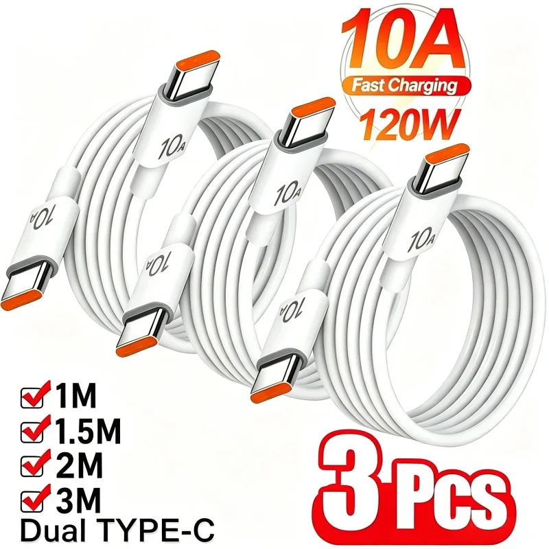 1/3 Stück 10A Kabel 120W Superschnelles Ladekabel Typ C zu Typ C Kabel Hochgeschwindigkeits-Datenübertragung für iPhone Samsung Xiaomi Ladekabel