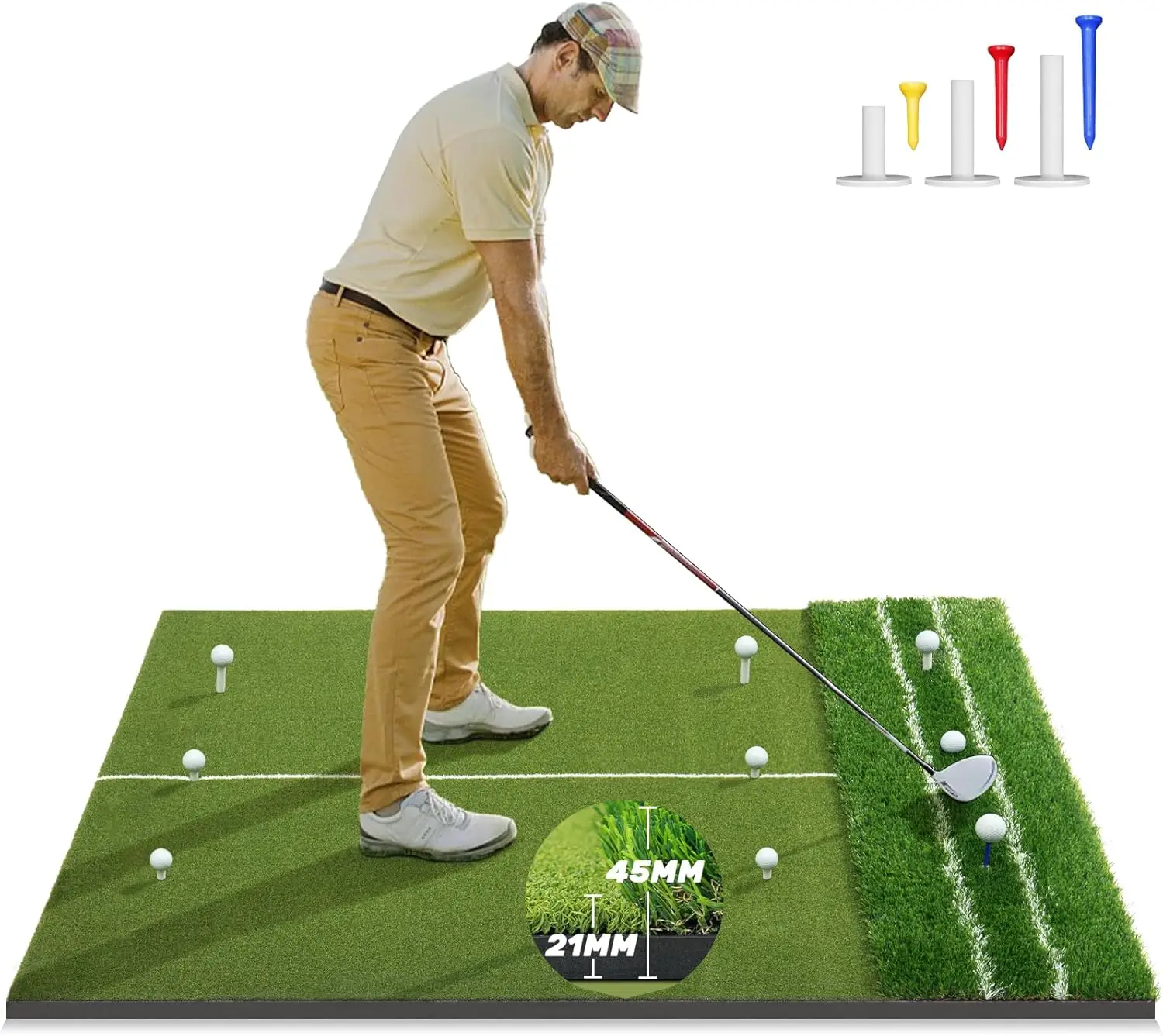

Premium Dual-Turf 5x4ft Golf Mat, 10MM & 15MM Upgraded Hitting Mat with Alignment Aid, Indoor/Outdoor Practice, Green