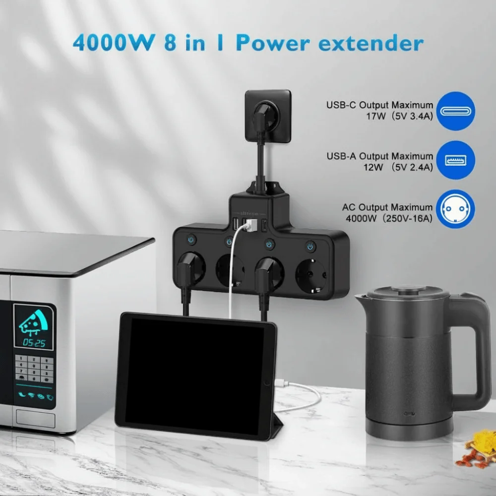 個別スイッチ付きeuプラグ電源タップ-4usbポート-4acコンセント-サージプロテクター-2-type-cポート-3840w-マルチソケット-壁掛け充電器