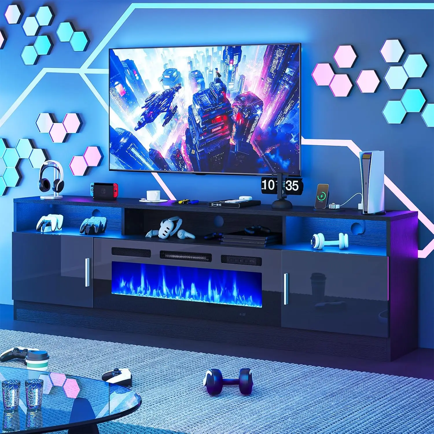 

70 Inch Electric Fireplace TV Stand with Power Outlet for TVs up to 80 Entertainment Center with LED Lights Customizable Design