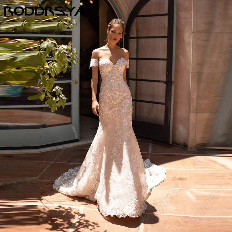 RODDRSYA Vestido De novia De sirena con hombros descubiertos, escote Corazón, Espalda descubierta, encaje romántico, tul, fiesta De novia Vestido De novia De sirena con hombros descubiertos, escote Corazón, Espalda des