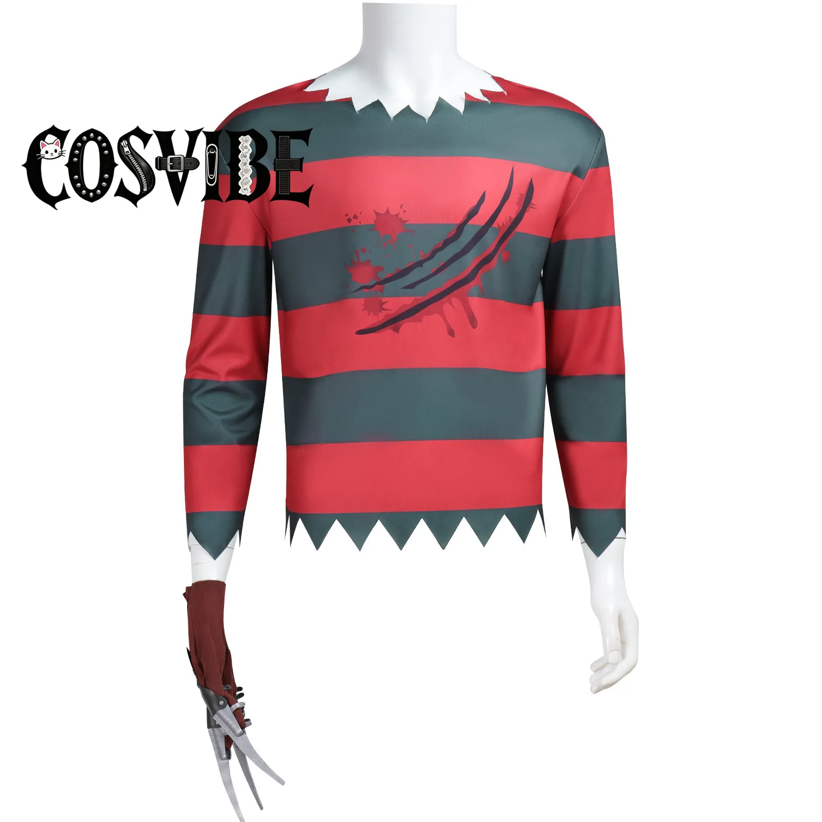 Freddy Krueger Cosplay - Adults Halloween Costume Red Black Stripes Top with Hat & Gloves with Sharp Claws - view 2