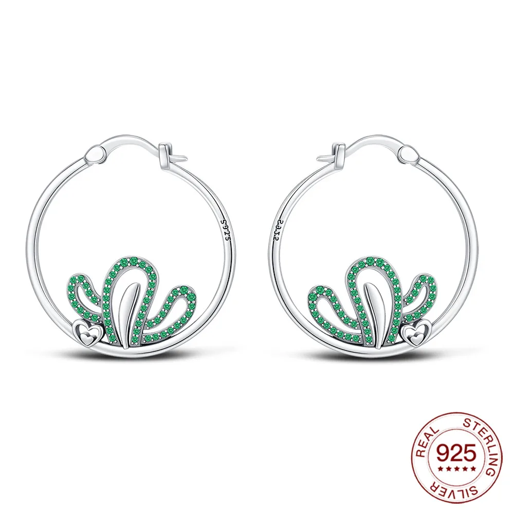 

2026 Sterling Silver Cactus Hoop Earrings Green CZ Pave Design Western Style Earrings For Women Boho Jewelry Gifts