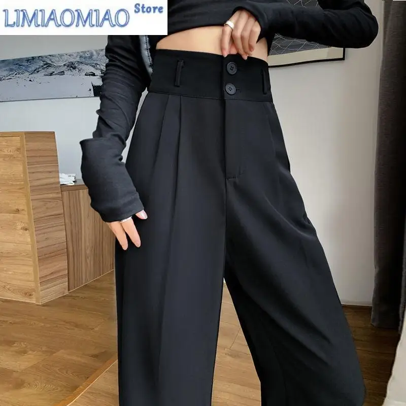 Black Suit Pants for Women Korean 2 Buttons Wide Leg Trousers Vintage Streetwear High Fashion Office Ladies Work Bottoms