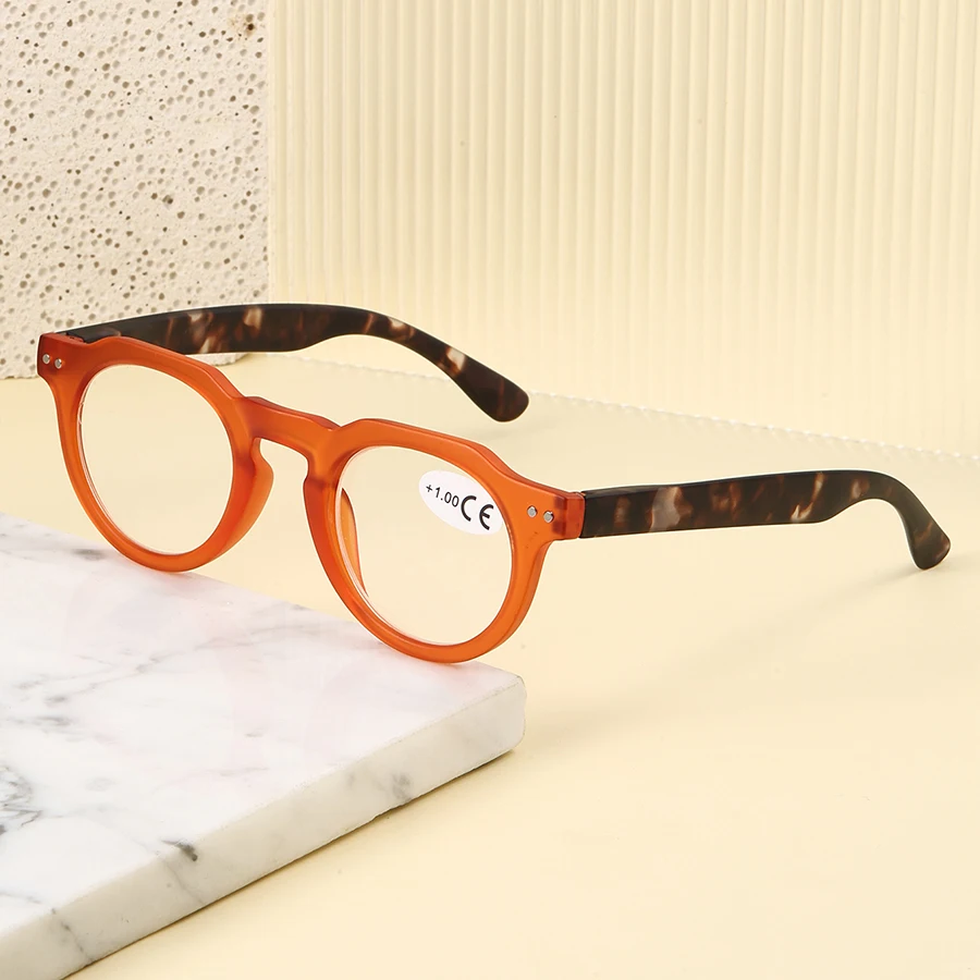 Unisex-Lesebrille mit rundem Rahmen, +1,0 bis +4,0, orangefarbener Rahmen, Schildpattbügel, presbyopische Brille, leicht, bequem, für Männer und Frauen