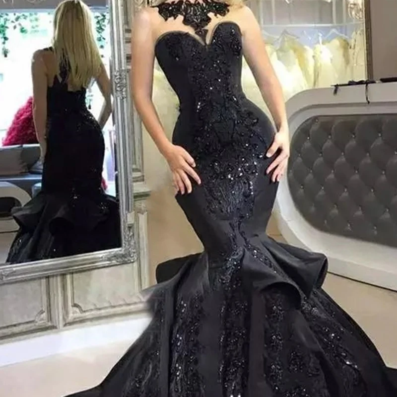 Vestido de noche Formal de sirena brillante con apliques negros, vestido elegante con cuello Halter de encaje, tren de barrido, lentejuelas, Abendkleider 2022, 2023