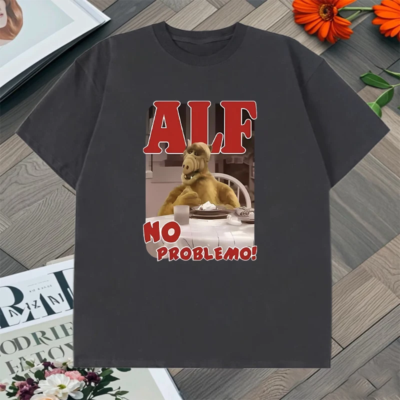 Camiseta con estampado con dibujo de ALF NO PROBLEMO para hombre y mujer, camiseta de manga corta con cuello redondo, Top informal holgado de algodón puro, Popular de verano 2025