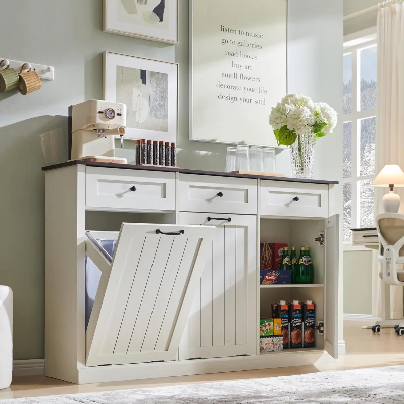 

20Gal Farmhouse Trash Can & Laundry Hamper Cabinet – Antique White, 3 Drawers, Adjustable Shelf, Hidden Storage Basket Kitch
