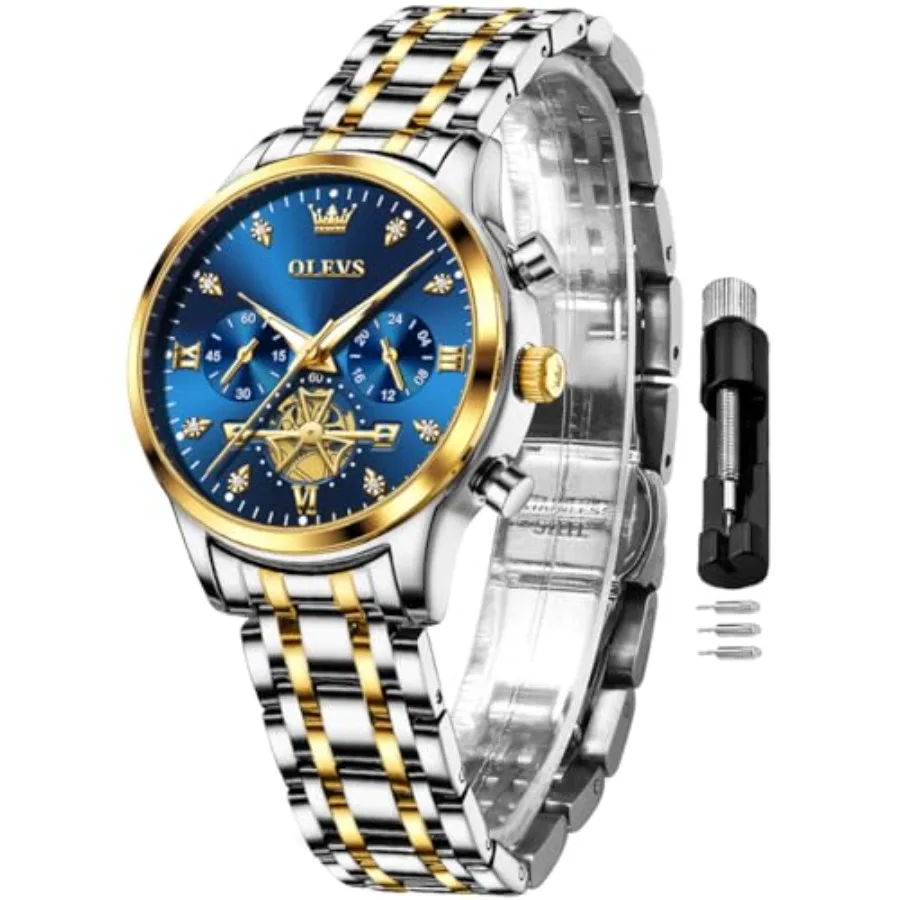

OLEVS Women Watch Multifunctional Two Tone Watch Fashion Business Analog Quartz Ladies Watch Stainless Steel Waterproof Diamond