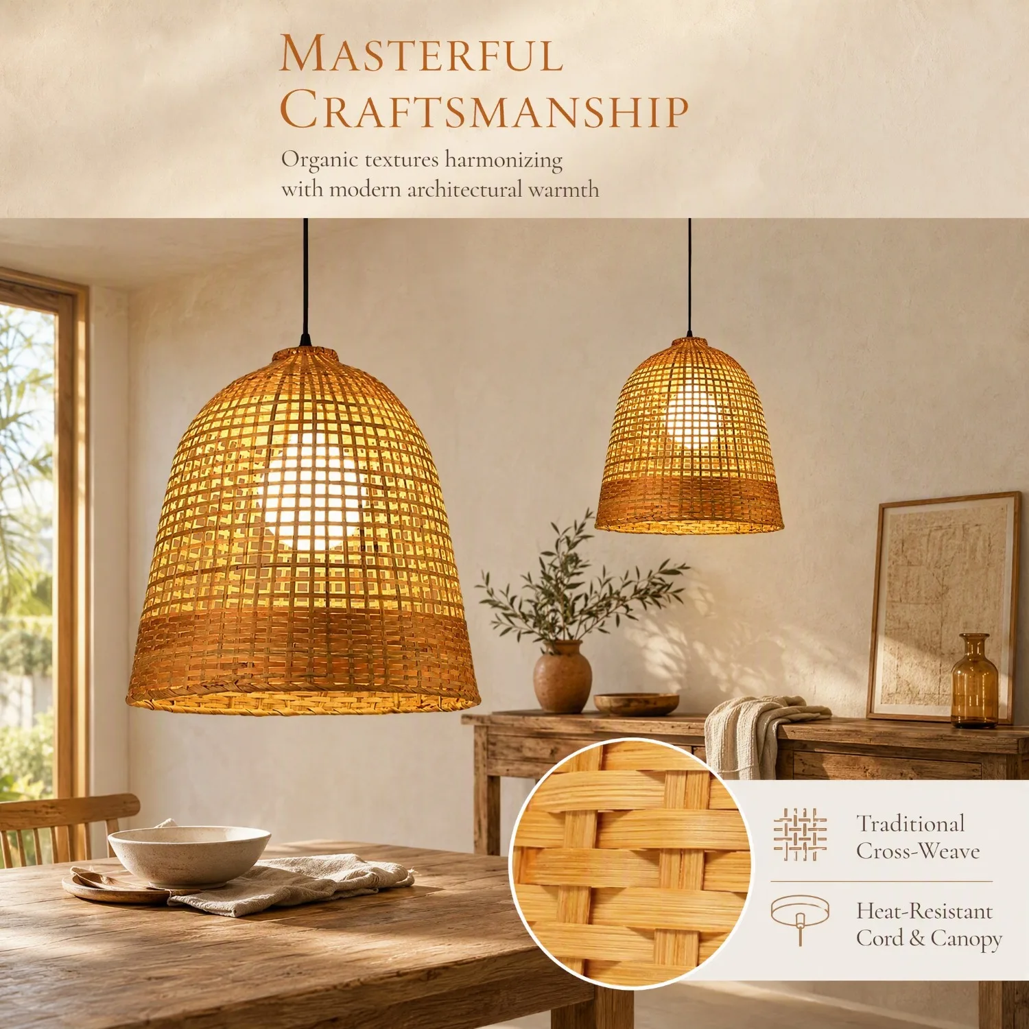 JOYINLED 40CM Natural Bamboo Lampshade Hand Woven Rattan Lamp Shade E27 Pendant Cover Replacement Shade Boho Home Decor