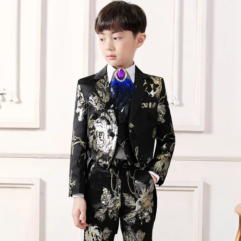 New Arrival high quality SFlower Suit Tuxedo Print Boys Piano Catwalk Show Host Performance Dress size 110 120 130 140 150 160