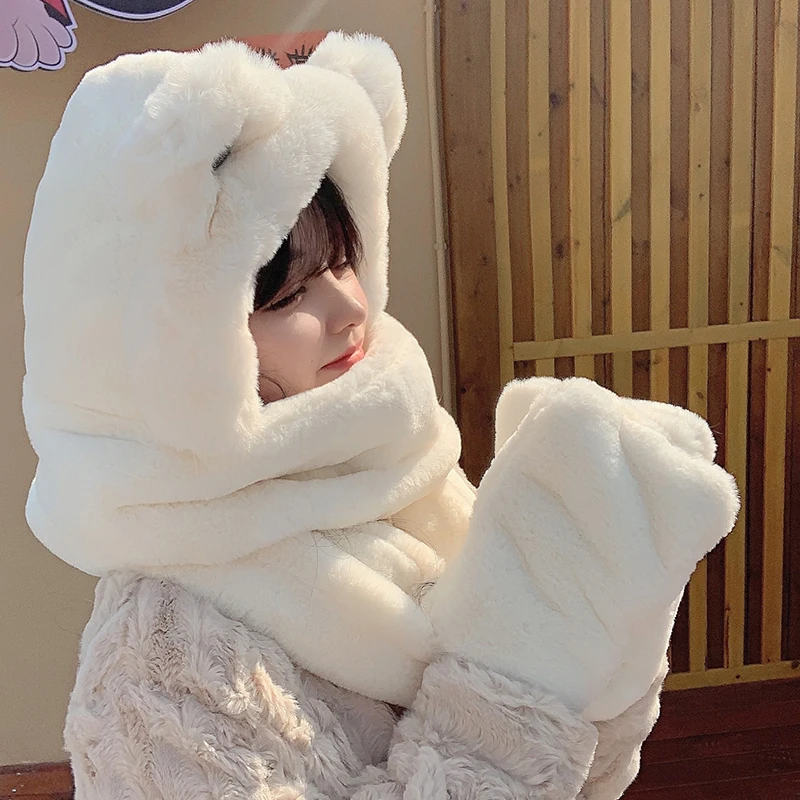 New Winter Thickened Bear Hat Scarf All-in-one Female Korean Version Cute Fashion Cycling Warm Gloves Three-piece Set