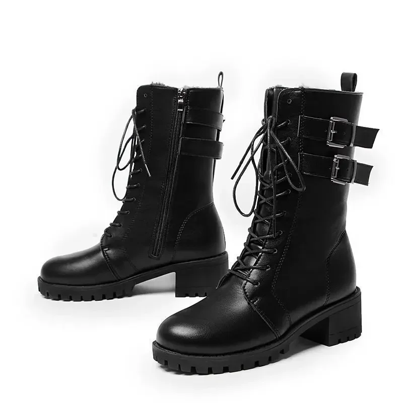 2023 Winter New Leather Womens Boots Chunky Heel Big Size platform boots Short Plush Fashion Buckle Side Zipper Warm Women Shoes