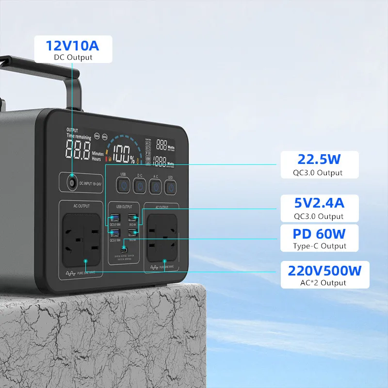 

Оптовая портативная электростанция 500 Вт, китайский литий-ионный аккумулятор, универсальный кемпер, быстрая зарядка, солнечный генератор