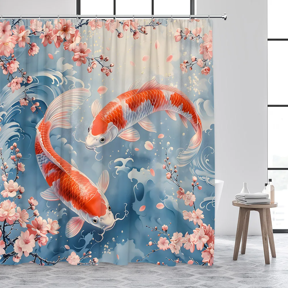 Japanese Style Koi Fish Shower Curtain White Lotus Green Leaves Lake Carp Floral Art Bathroom Decoration Polyester Bath Curtains