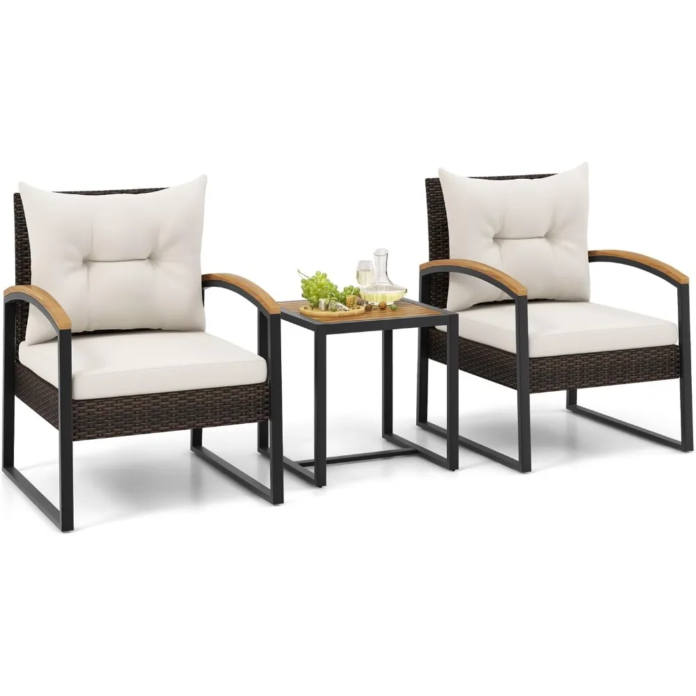 3 Piece Patio Conversation Set, Includes 2 Rattan Chairs and Coffee Table, Solid Acacia Wood Armrests & Tabletop