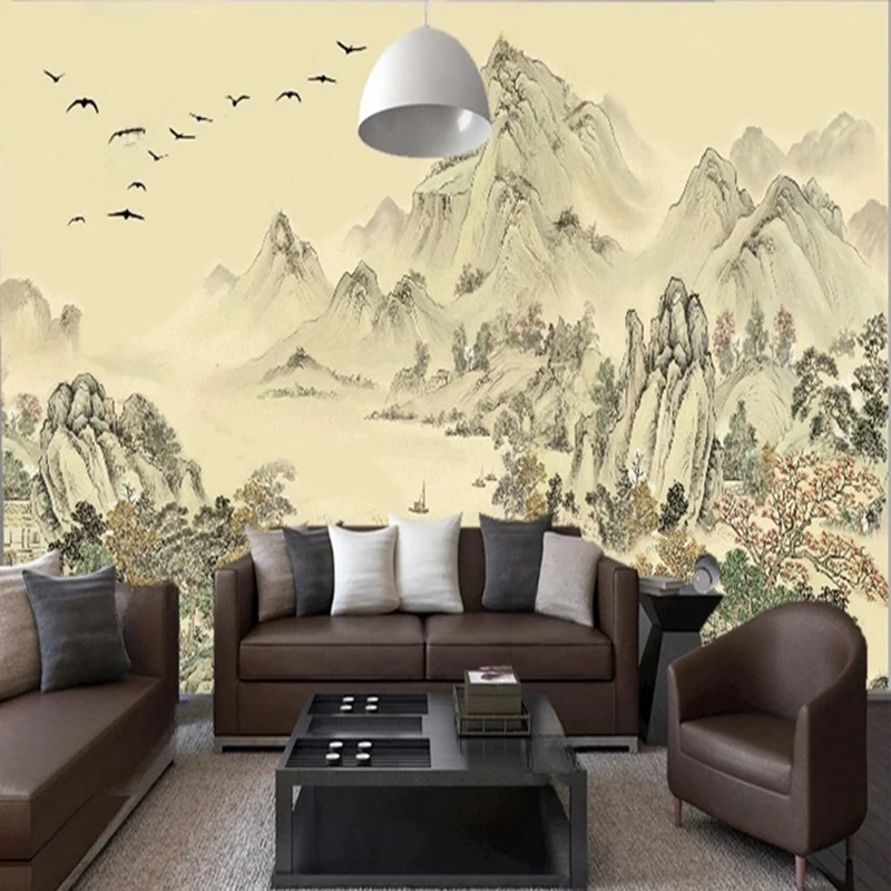 Chinese Style Mountain birds Wallpaper Hand-Painted Ink Painting Landscape  Traditional Art Wall Decor Background Living Room