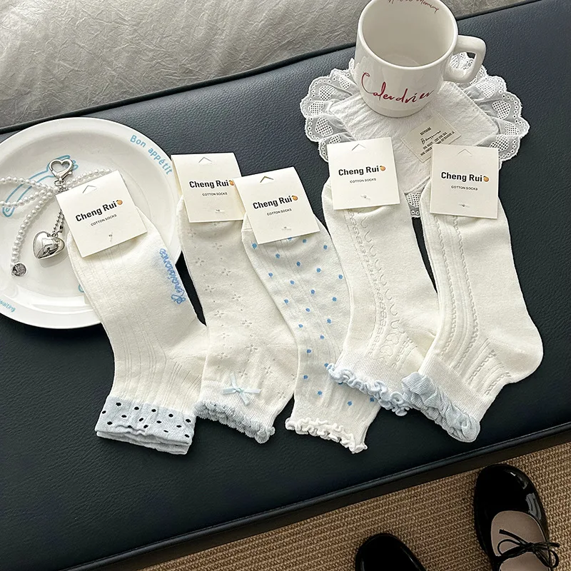 

5 pairs women socks set harajuku socks cute lace bow fashion thin socks Japanese breathable sweat absorbing cotton socks pack