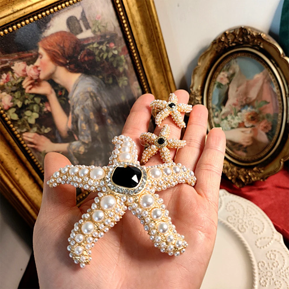 Broche de estrella de mar y Perla Vintage para mujer, ramillete, pendientes de clip para la oreja de plata 925, conjuntos de joyería para niña,