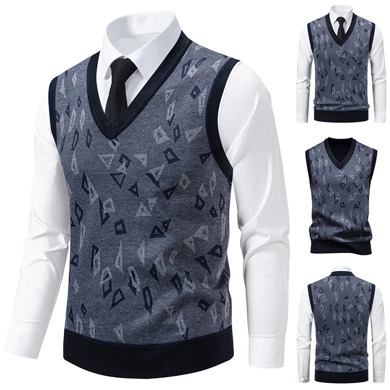 2025 Men's V-neck Knitted Sweater Warm Autumn Winter Diamond Grid Twisted Flower Casual Fashion Versatile Knit Top