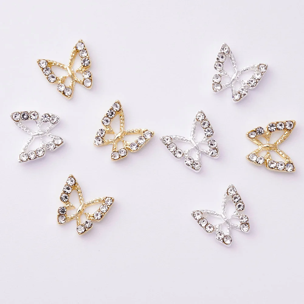 -abalorios para uñas de aleación de mariposa, 10 Uds., 3D, oro/plata, mariposa, cristal, diamantes de imitación, joyería para uñas, accesorios de decoración artística para uñas DIY